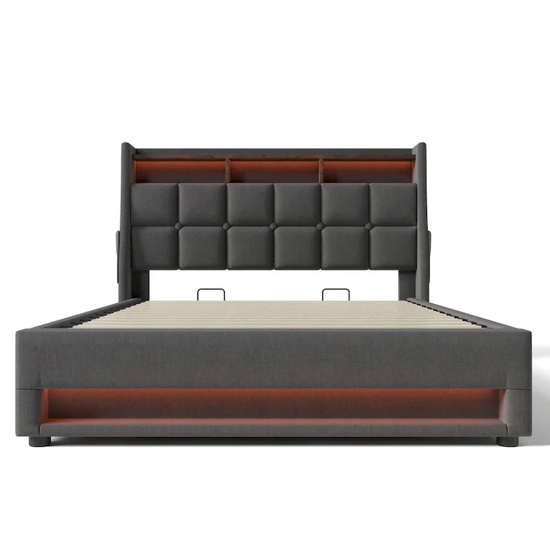 Lit plateforme capitonné gris pleine taille avec rangement hydraulique, LED et chargement USB