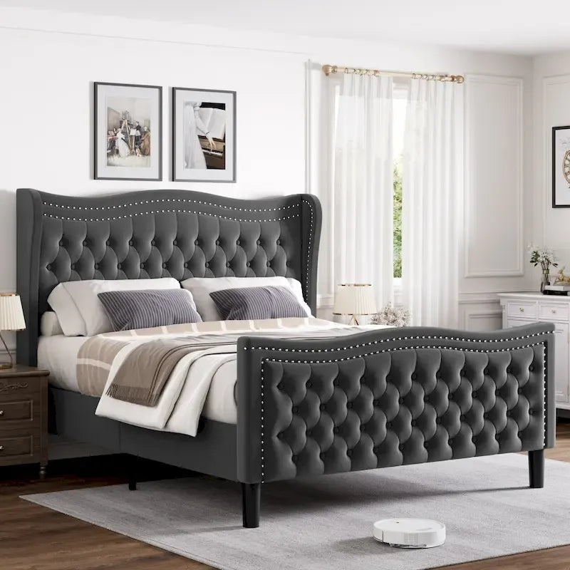 Lit plateforme King Size moderne en velours avec tête de lit capitonnée
