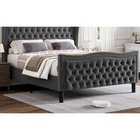 Lit plateforme King Size moderne en velours avec tête de lit capitonnée