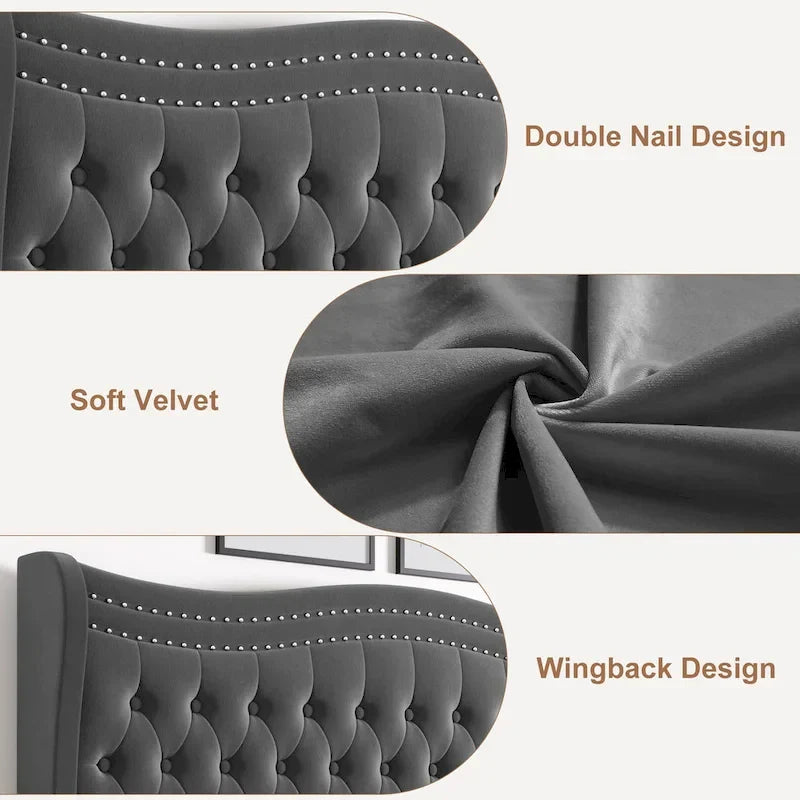 Lit plateforme King Size moderne en velours avec tête de lit capitonnée