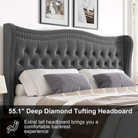 Lit plateforme King Size moderne en velours avec tête de lit capitonnée
