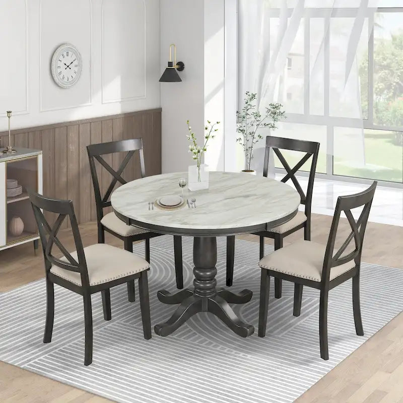 Ensemble de salle à manger 5 pièces en bois de style moderne avec table ronde et 4 chaises rembourrées
