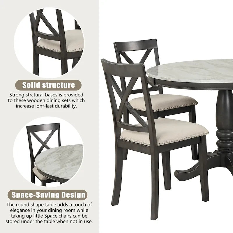 Ensemble de salle à manger 5 pièces en bois de style moderne avec table ronde et 4 chaises rembourrées