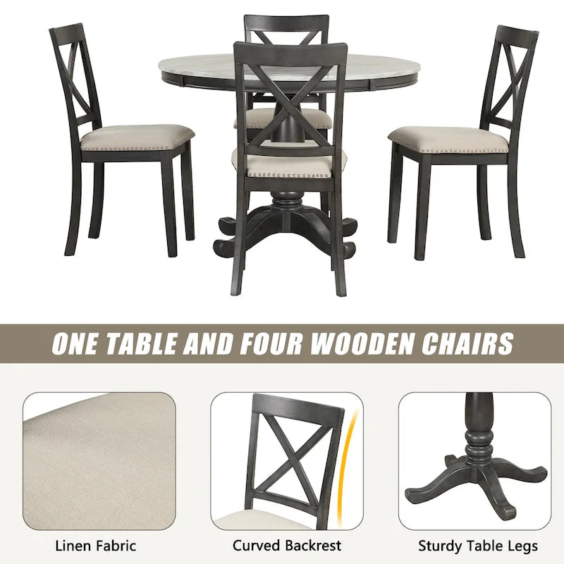 Ensemble de salle à manger 5 pièces en bois de style moderne avec table ronde et 4 chaises rembourrées