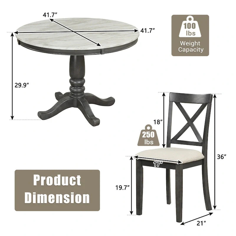 Ensemble de salle à manger 5 pièces en bois de style moderne avec table ronde et 4 chaises rembourrées
