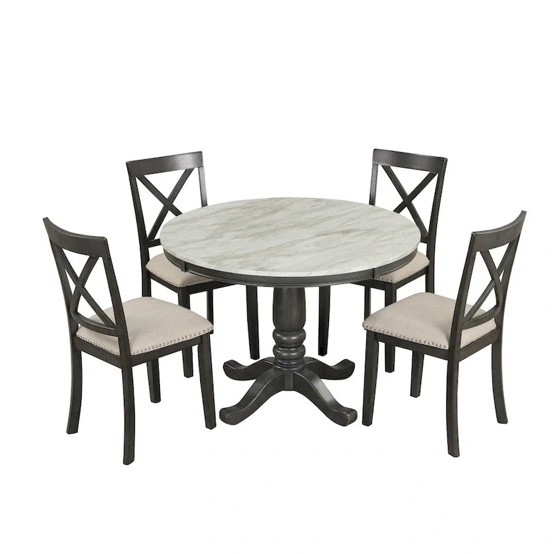 Ensemble de salle à manger 5 pièces en bois de style moderne avec table ronde et 4 chaises rembourrées