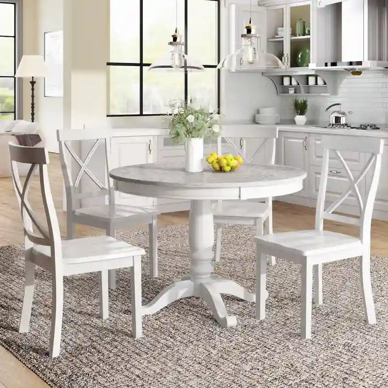 Ensemble de salle à manger 5 pièces en bois de style moderne avec table ronde et 4 chaises rembourrées