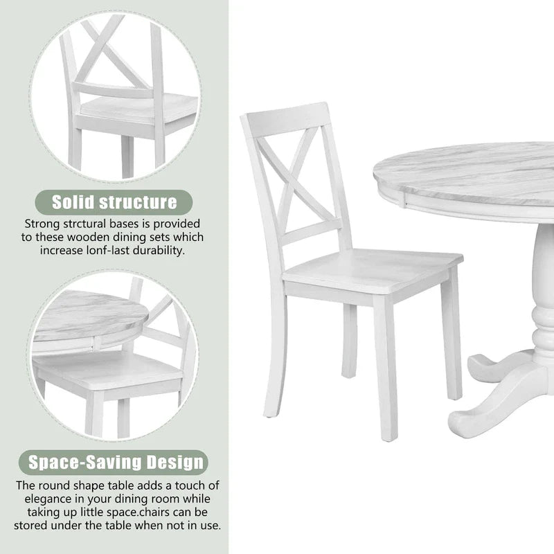 Ensemble de salle à manger 5 pièces en bois de style moderne avec table ronde et 4 chaises rembourrées