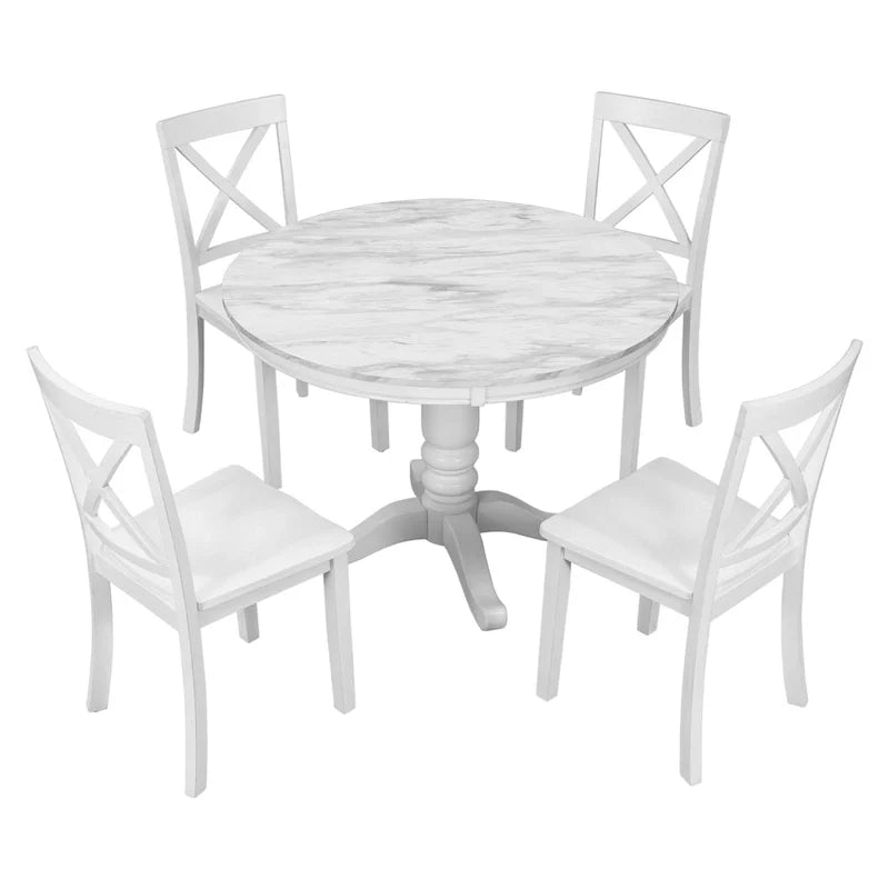 Ensemble de salle à manger 5 pièces en bois de style moderne avec table ronde et 4 chaises rembourrées