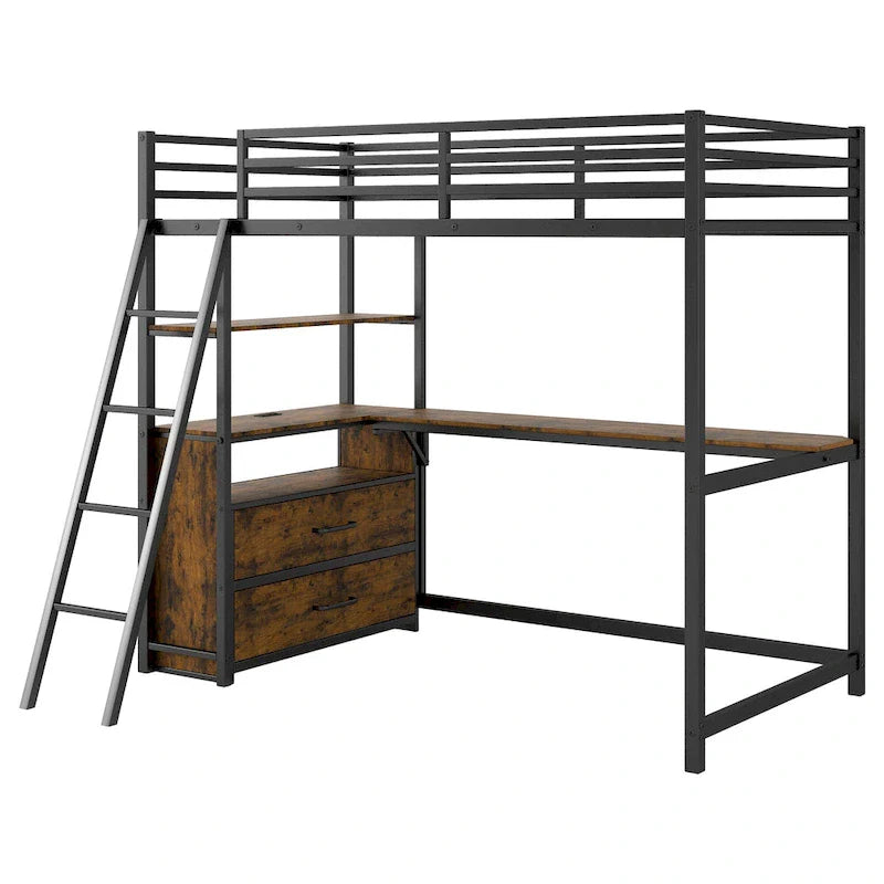 Lit mezzanine noir en métal et bois, taille double, avec bureau, tiroirs et port USB