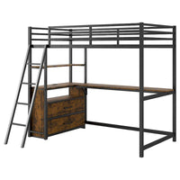 Lit mezzanine en métal et bois taille Twin noir avec bureau, tiroirs et USB