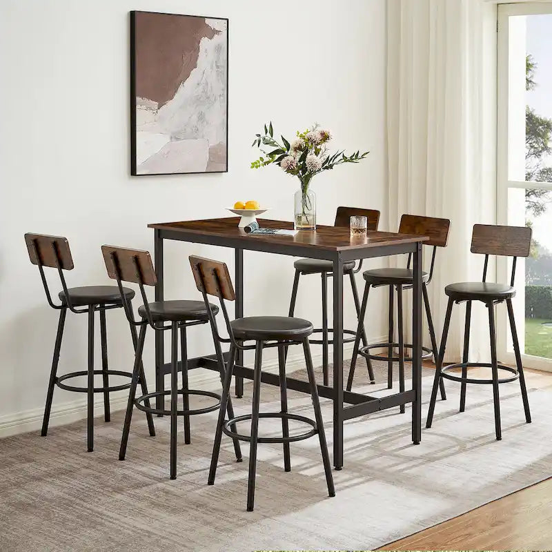 Ensemble de salle à manger rustique 7 pièces avec table rectangulaire et chaises de bar en cuir PU