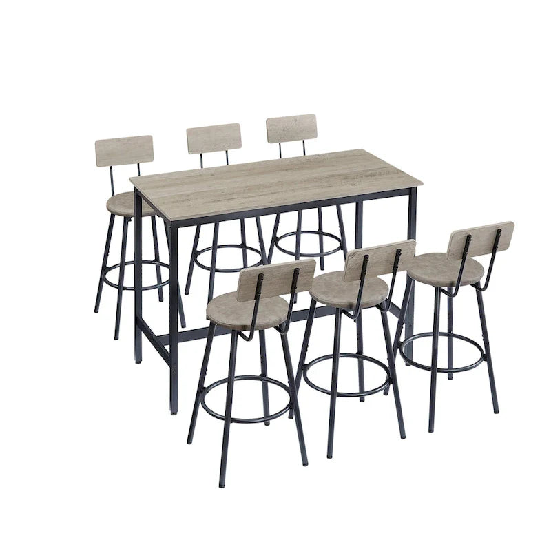 Ensemble de salle à manger rustique 7 pièces avec table rectangulaire et chaises de bar en cuir PU