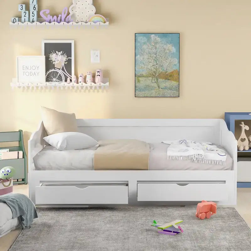 Lit de repos extensible en pin blanc avec 2 tiroirs de rangement