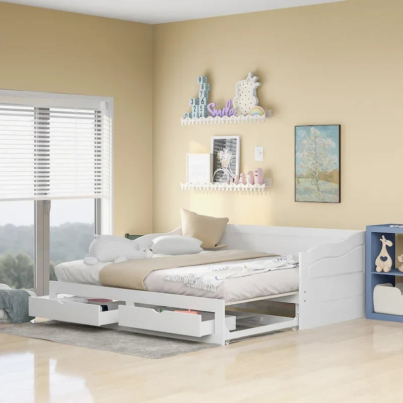 Lit de repos extensible en pin blanc avec 2 tiroirs de rangement