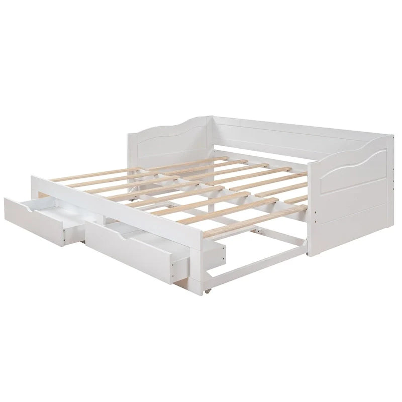 Lit de repos extensible en pin blanc avec 2 tiroirs de rangement