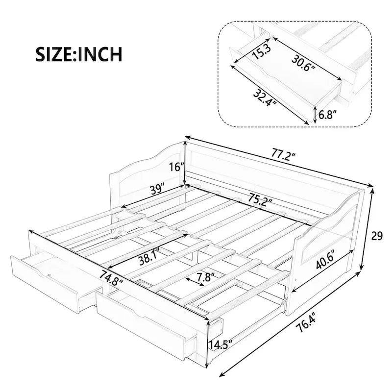 Lit de repos extensible en pin blanc avec 2 tiroirs de rangement