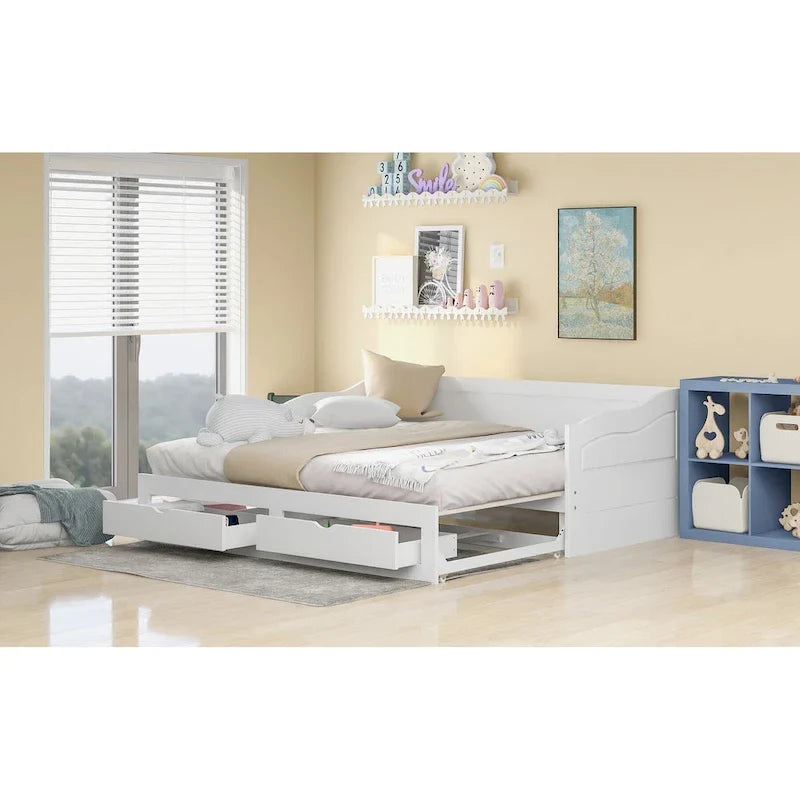 Lit de repos extensible en pin blanc avec 2 tiroirs de rangement