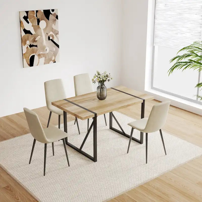 Ensemble de salle à manger 5 pièces en bois naturel et industriel avec 4 chaises, base et pieds en métal