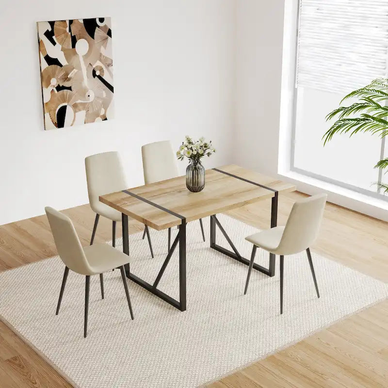 Ensemble de salle à manger 5 pièces en bois naturel et industriel avec 4 chaises, base et pieds en métal