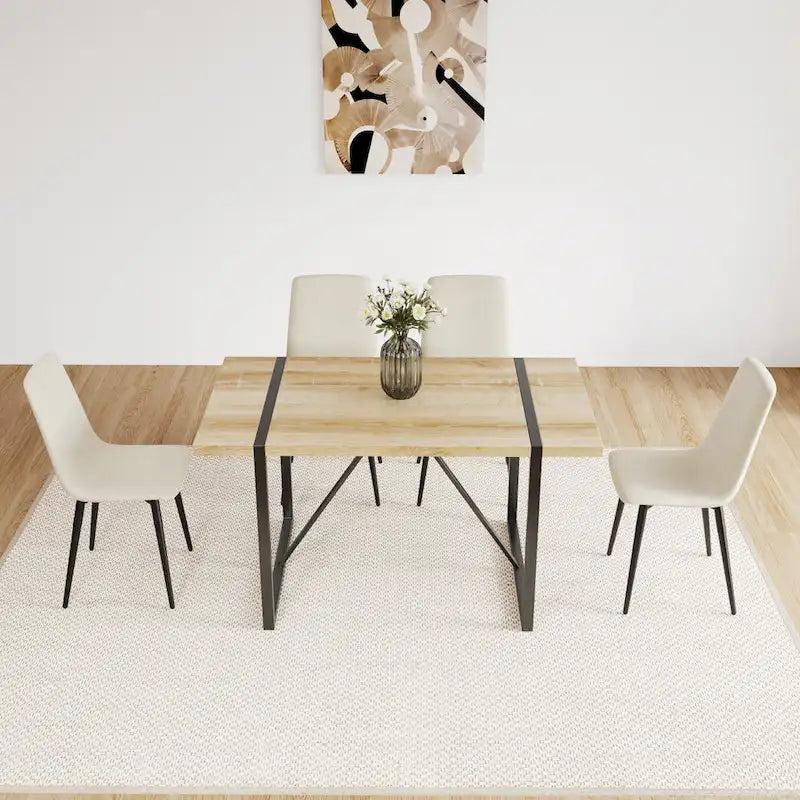 Ensemble de salle à manger 5 pièces en bois naturel et industriel avec 4 chaises, base et pieds en métal