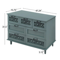 Commode horizontale à 7 tiroirs de style rétro avec façade de tiroirs sculptée et poignées métalliques pour chambre à coucher, salon