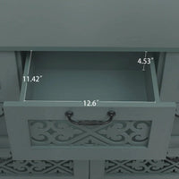 Commode horizontale à 7 tiroirs de style rétro avec façade de tiroirs sculptée et poignées métalliques pour chambre à coucher, salon