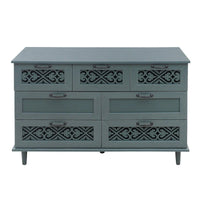 Commode horizontale à 7 tiroirs de style rétro avec façade de tiroirs sculptée et poignées métalliques pour chambre à coucher, salon