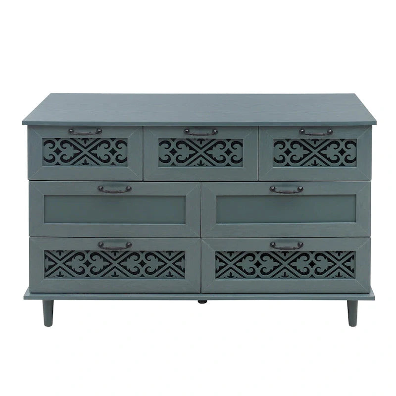 Commode horizontale à 7 tiroirs de style rétro avec façade de tiroirs sculptée et poignées métalliques pour chambre à coucher, salon