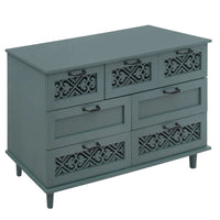 Commode horizontale à 7 tiroirs de style rétro avec façade de tiroirs sculptée et poignées métalliques pour chambre à coucher, salon