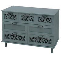 Commode horizontale à 7 tiroirs de style rétro avec façade de tiroirs sculptée et poignées métalliques pour chambre à coucher, salon
