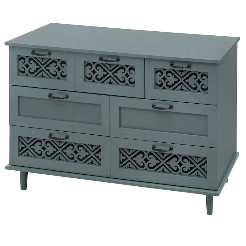 Commode horizontale à 7 tiroirs de style rétro avec façade de tiroirs sculptée et poignées métalliques pour chambre à coucher, salon