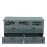 Commode horizontale à 7 tiroirs de style rétro avec façade de tiroirs sculptée et poignées métalliques pour chambre à coucher, salon