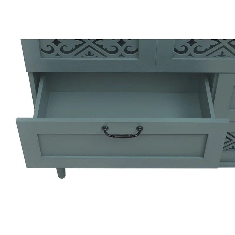 Commode horizontale à 7 tiroirs de style rétro avec façade de tiroirs sculptée et poignées métalliques pour chambre à coucher, salon