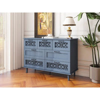 Commode horizontale à 7 tiroirs de style rétro avec façade de tiroirs sculptée et poignées métalliques pour chambre à coucher, salon