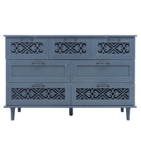 Commode horizontale à 7 tiroirs de style rétro avec façade de tiroirs sculptée et poignées métalliques pour chambre à coucher, salon