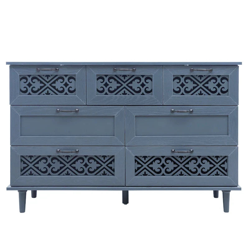 Commode horizontale à 7 tiroirs de style rétro avec façade de tiroirs sculptée et poignées métalliques pour chambre à coucher, salon