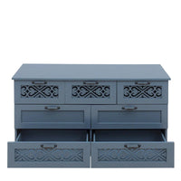 Commode horizontale à 7 tiroirs de style rétro avec façade de tiroirs sculptée et poignées métalliques pour chambre à coucher, salon