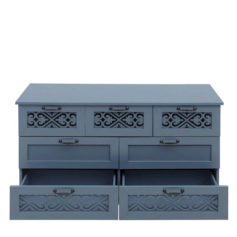Commode horizontale à 7 tiroirs de style rétro avec façade de tiroirs sculptée et poignées métalliques pour chambre à coucher, salon