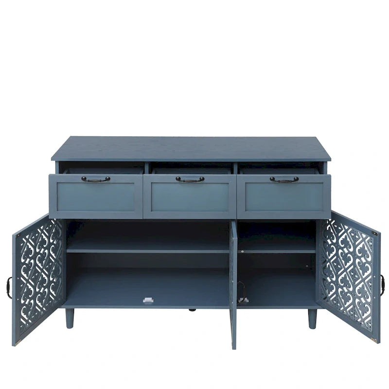 Commode horizontale de style rétro 47.24 avec 3 tiroirs et 3 portes, panneau sculpté pour chambre à coucher, salon