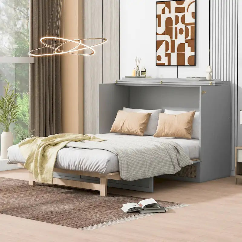 Lit escamotable taille Full gris avec rangement polyvalent et grands tiroirs