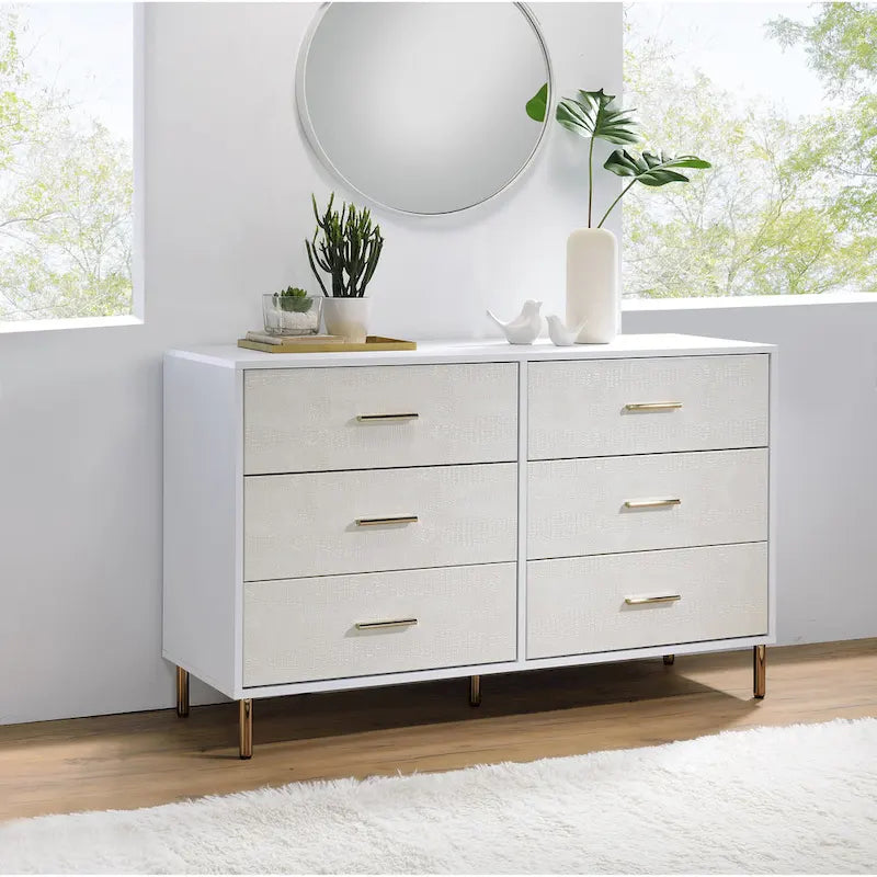 Commode double à 6 tiroirs en bois massif, Armoire de rangement avec façades de tiroirs à lattes et poignée en métal, Rangement de vêtements pour chambre à coucher