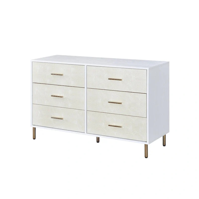 Commode double à 6 tiroirs en bois massif, Armoire de rangement avec façades de tiroirs à lattes et poignée en métal, Rangement de vêtements pour chambre à coucher