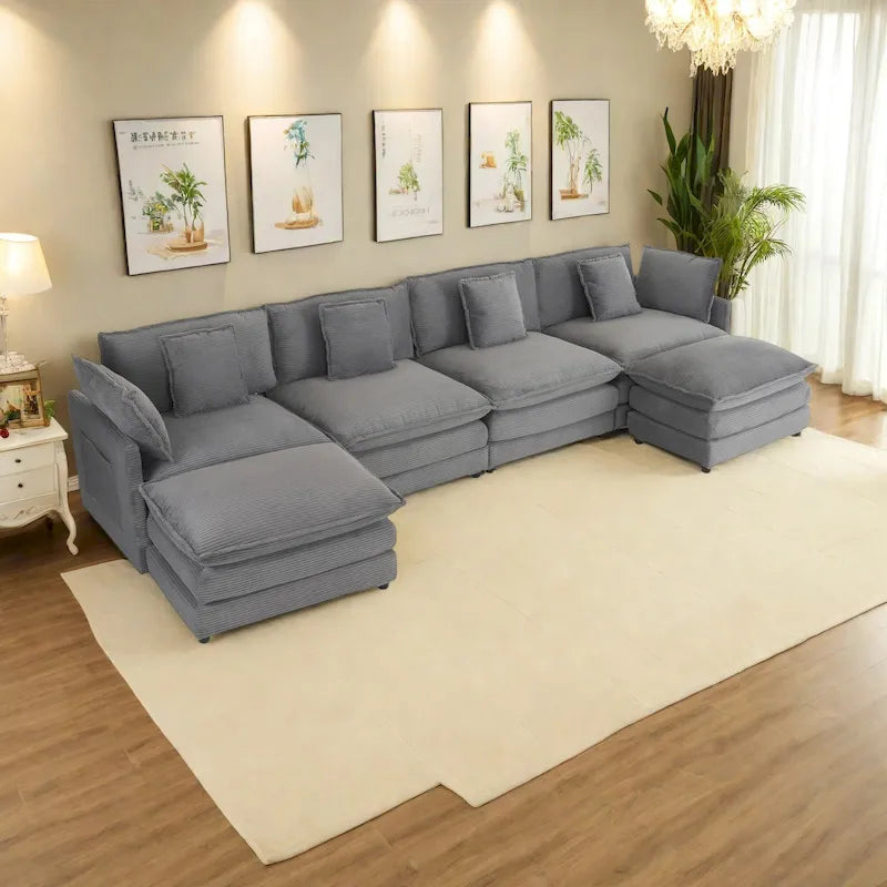 Canapé sectionnel modulaire en U en velours côtelé 6 pièces 149.6 avec poches latérales de rangement