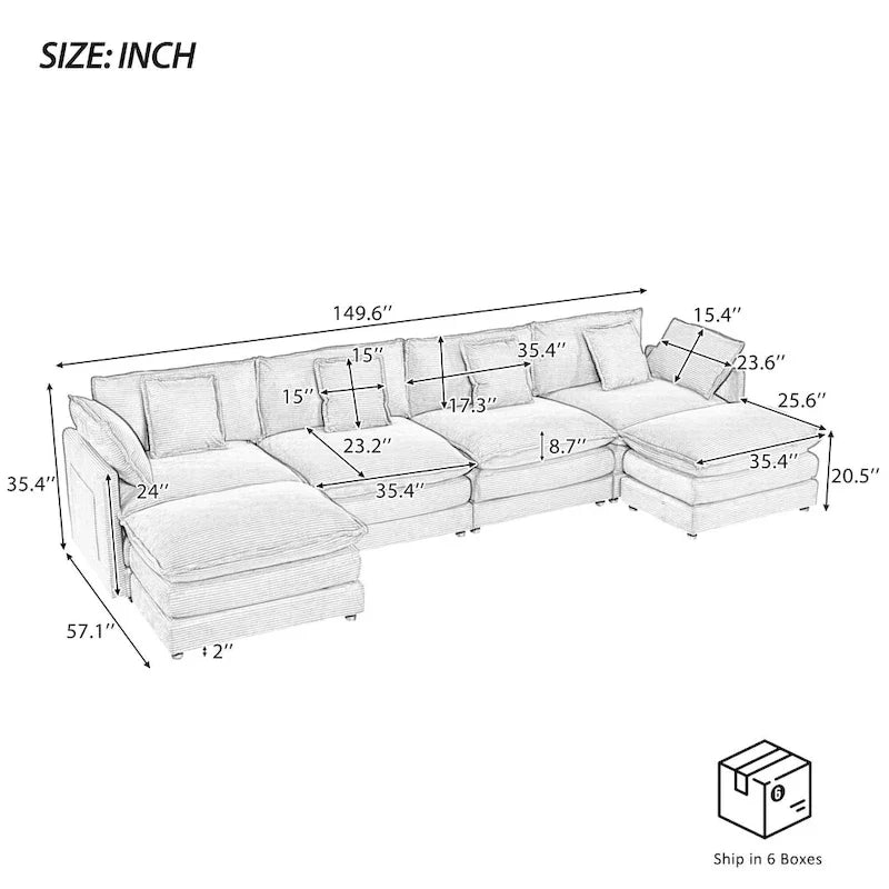 Canapé sectionnel modulaire en U en velours côtelé 6 pièces 149.6 avec poches latérales de rangement