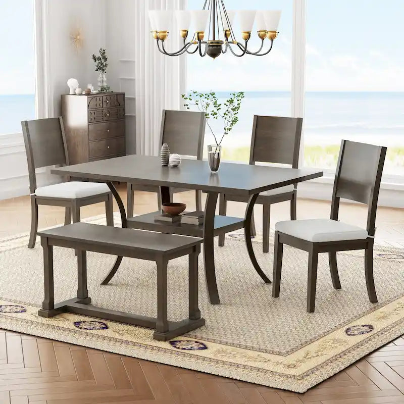 Ensemble de table à manger 6 pièces de style moderne avec 4 chaises à coussins amovibles, étagère de rangement et banc