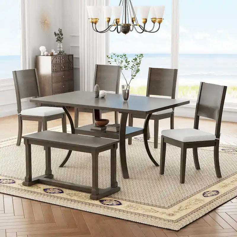 Ensemble de table à manger 6 pièces de style moderne avec 4 chaises à coussins amovibles, étagère de rangement et banc