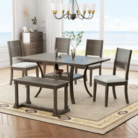 Ensemble de table à manger 6 pièces de style moderne avec 4 chaises à coussins amovibles, étagère de rangement et banc