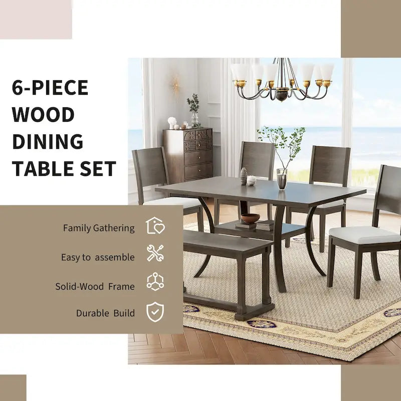 Ensemble de table à manger 6 pièces de style moderne avec 4 chaises à coussins amovibles, étagère de rangement et banc