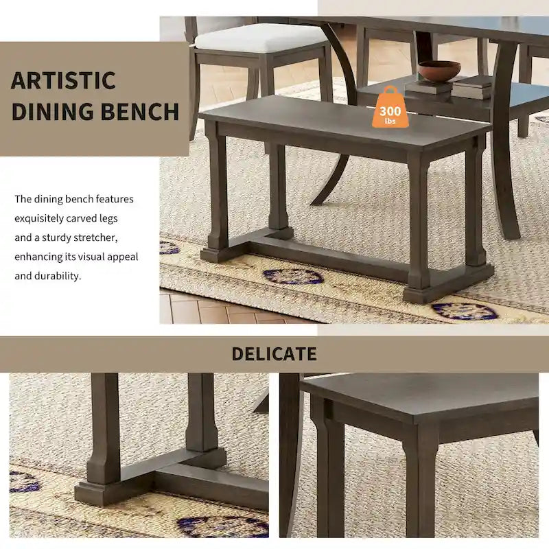 Ensemble de table à manger 6 pièces de style moderne avec 4 chaises à coussins amovibles, étagère de rangement et banc